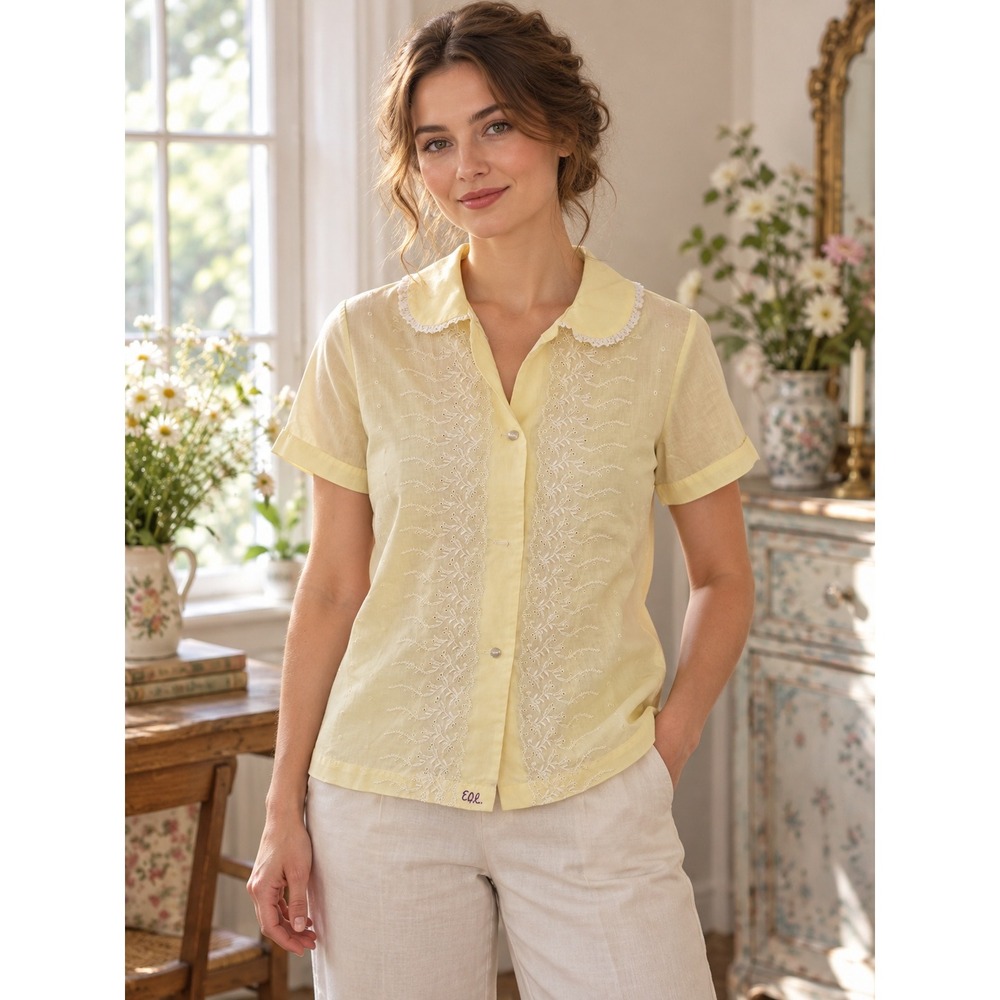 Lady Weldon Embroidered Blouse Women 34 Yellow Vintage Lace Peter Pan Collar